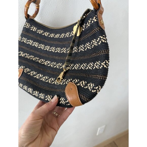 Eric Javits Woven Straw Leather Strap Zip Top Bag Purse Black Tan Brown Shoulder - Picture 5 of 7